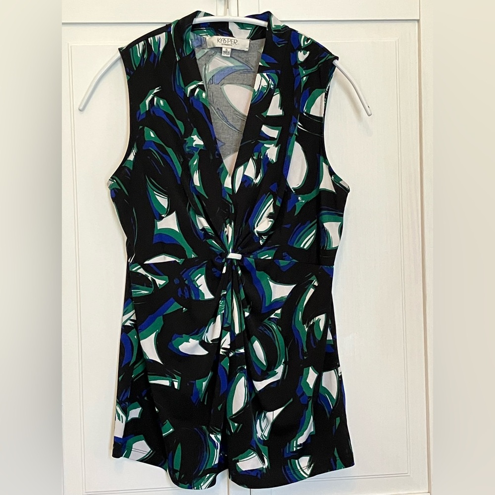 Kasper Sleeveless Blouse with Black, White, Blue, Green Abstract Print